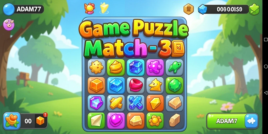 Menampilkan gameplay seru dari ADAM77 dengan elemen Match-3 yang menarik.