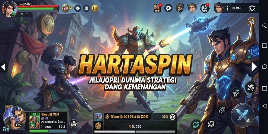 Tampilan gameplay HARTASPIN yang menampilkan strategi dan pertempuran.