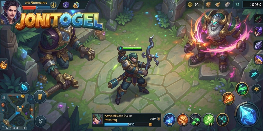 Screenshot menunjukkan pertarungan seru dalam permainan MOBA JONITOGEL.