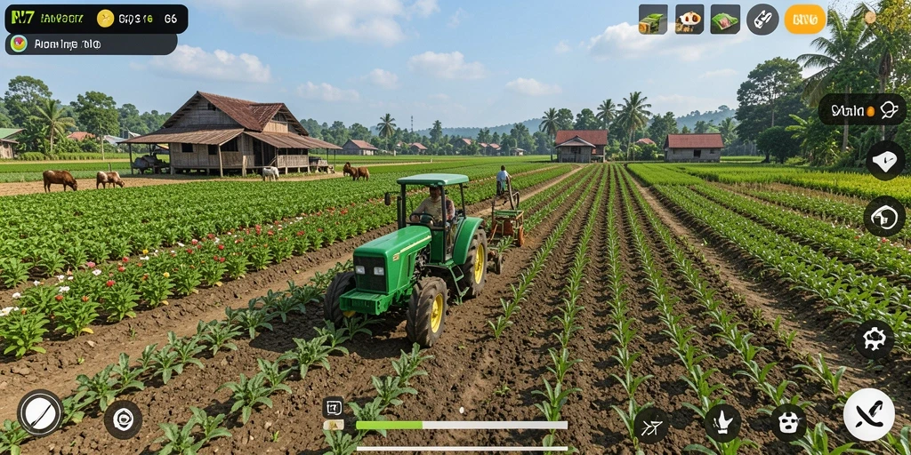 Tampilan gameplay NV77 dengan elemen pertanian yang menarik.