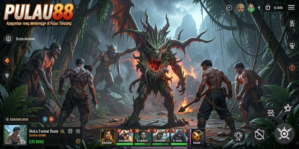 Screenshot gameplay menunjukkan suasana menyeramkan di PULAU88.