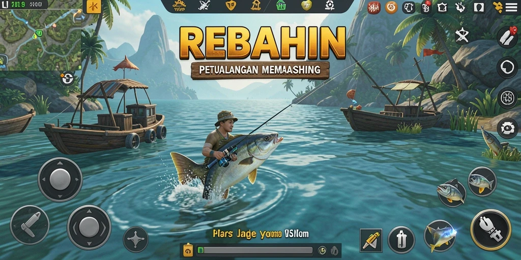 Screenshot gameplay REBAHIN menampilkan aksi memancing yang seru di lokasi indah.